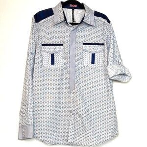 NWT TRUE ROCK Blue White Button Down Shirt Large